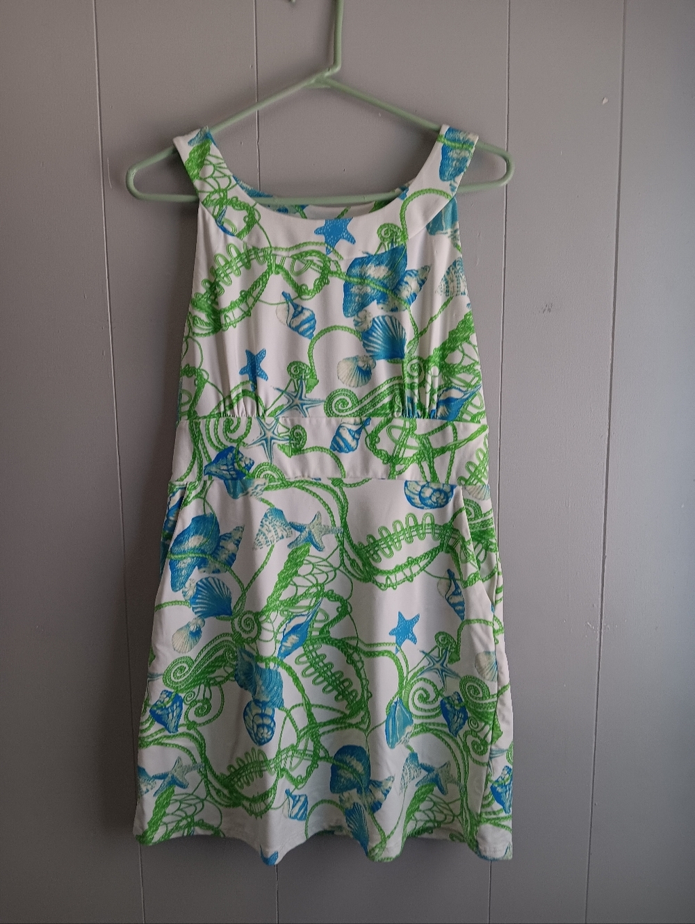 J. McLaughlin White Sleeveless Midi Dress with Green & Blue Seaside Print